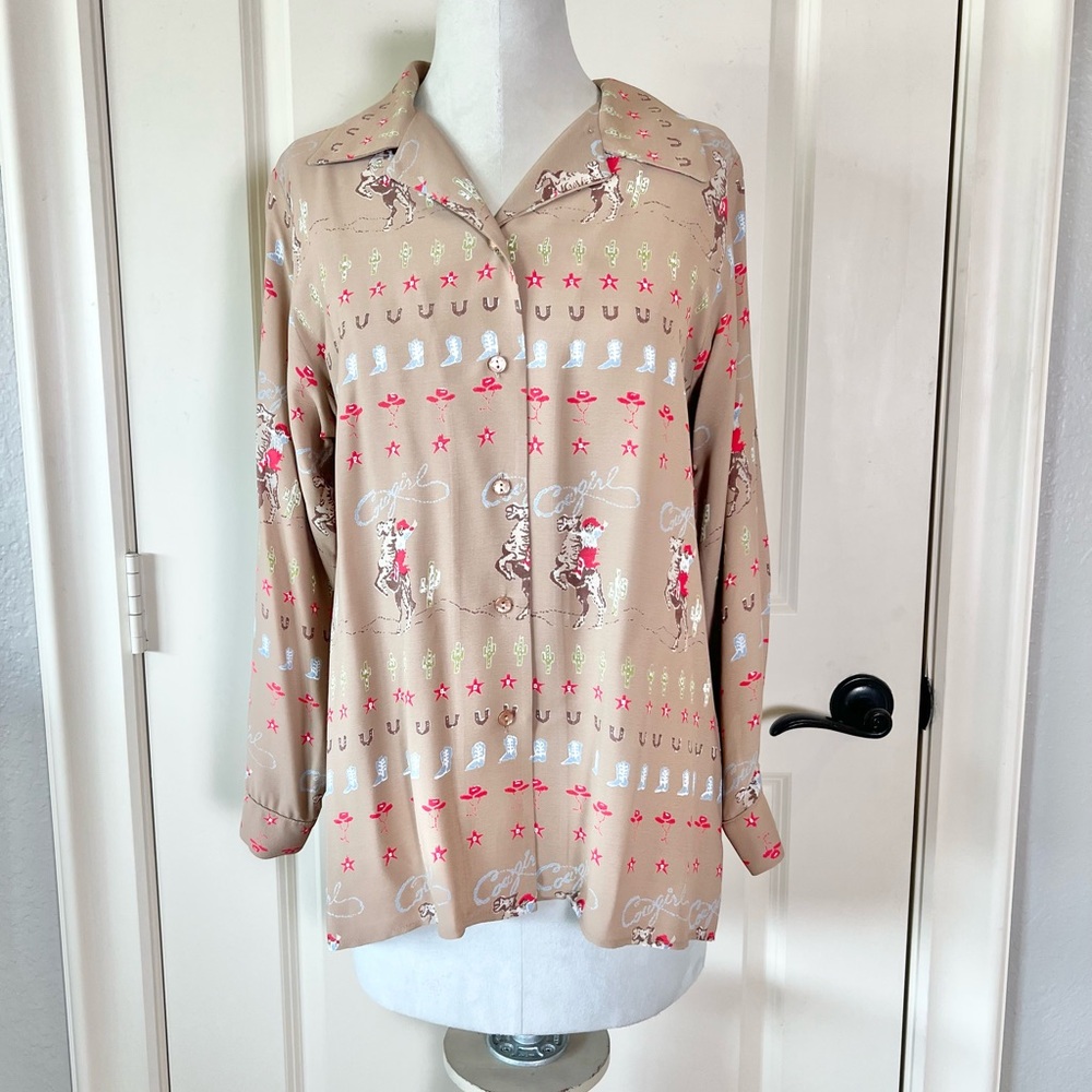 Vintage Lady Reiner Cowgirl Couture Western Blouse Rayon Print S Retro Novelty
